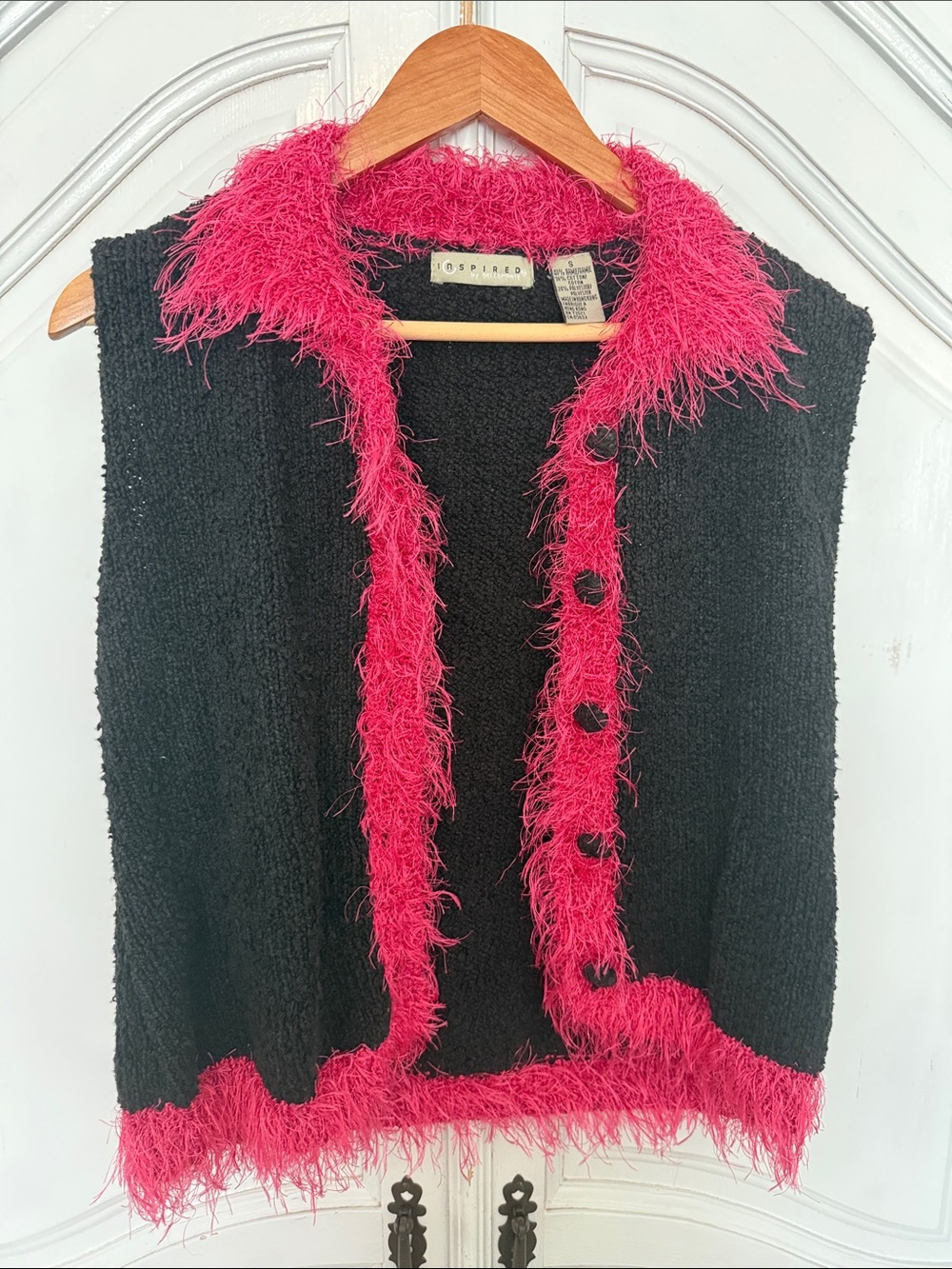Inspired Black Knit Vest Hot Pink Fuzzy Trim Y2K Statement Top Barbiecore Retro